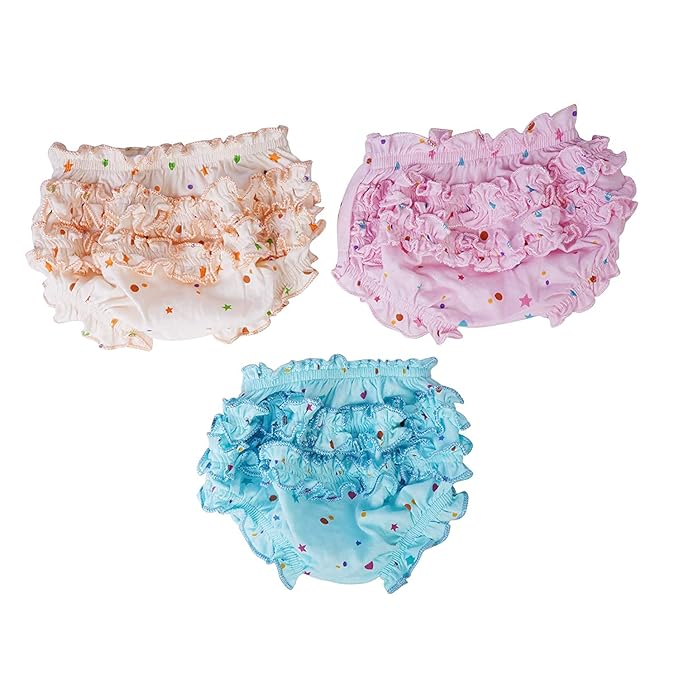 Soft Cotton Baby Girl Bloomers Set of 3 with Frill Design, Reusable Innerwear for 0-6 Months Infants