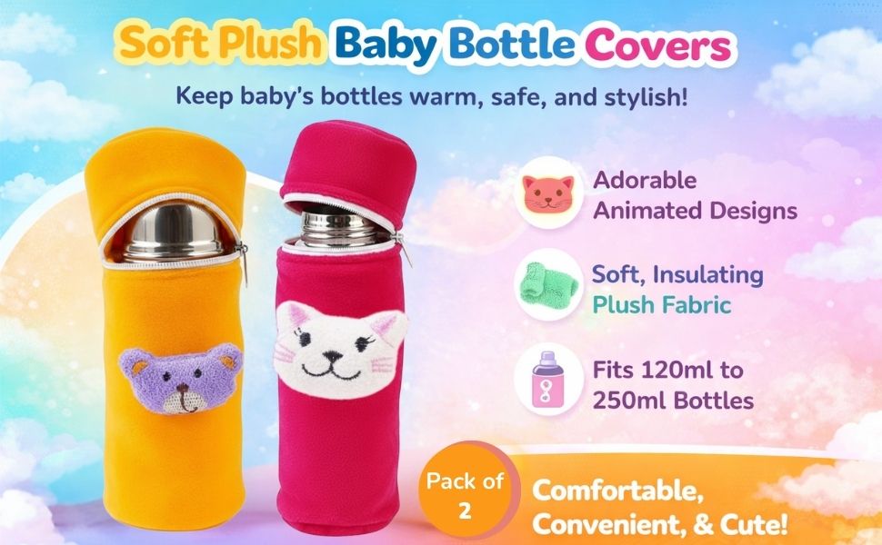 Soft Plush Stretchable Baby Bottle Covers with Zipper (Pack of 2)
