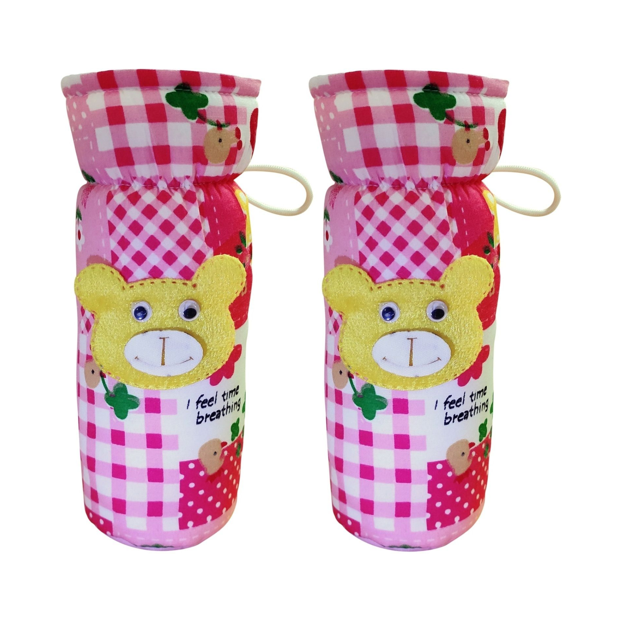 Check Textile Baby Feeding Bottle Cover with Strap & Cartoon Print, Fits 60ml–125ml Bottles
