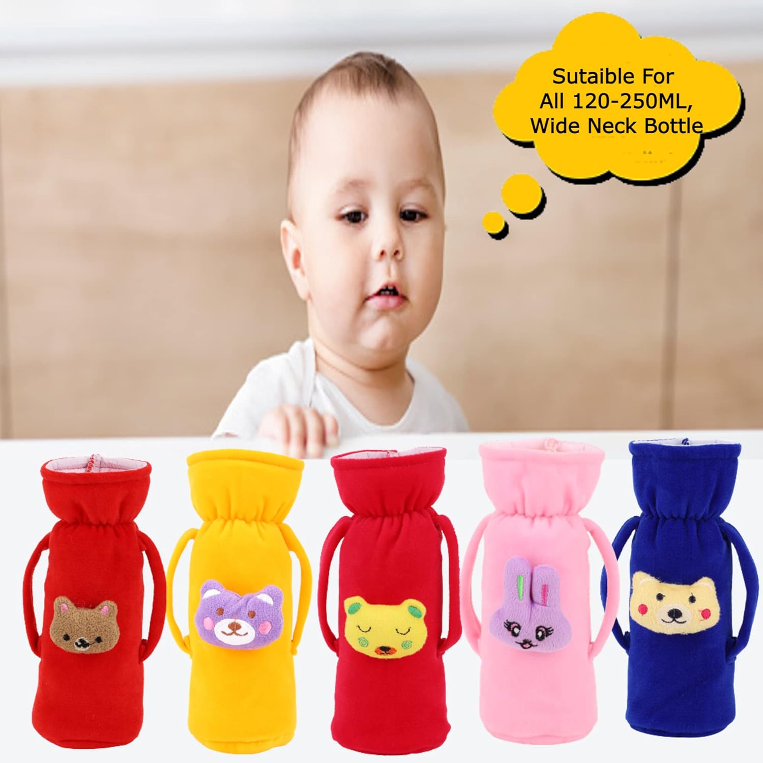 Soft Plush Stretchable Baby Feeding Bottle Cover with Easy Hold Strap (125 ML–250 ML)
