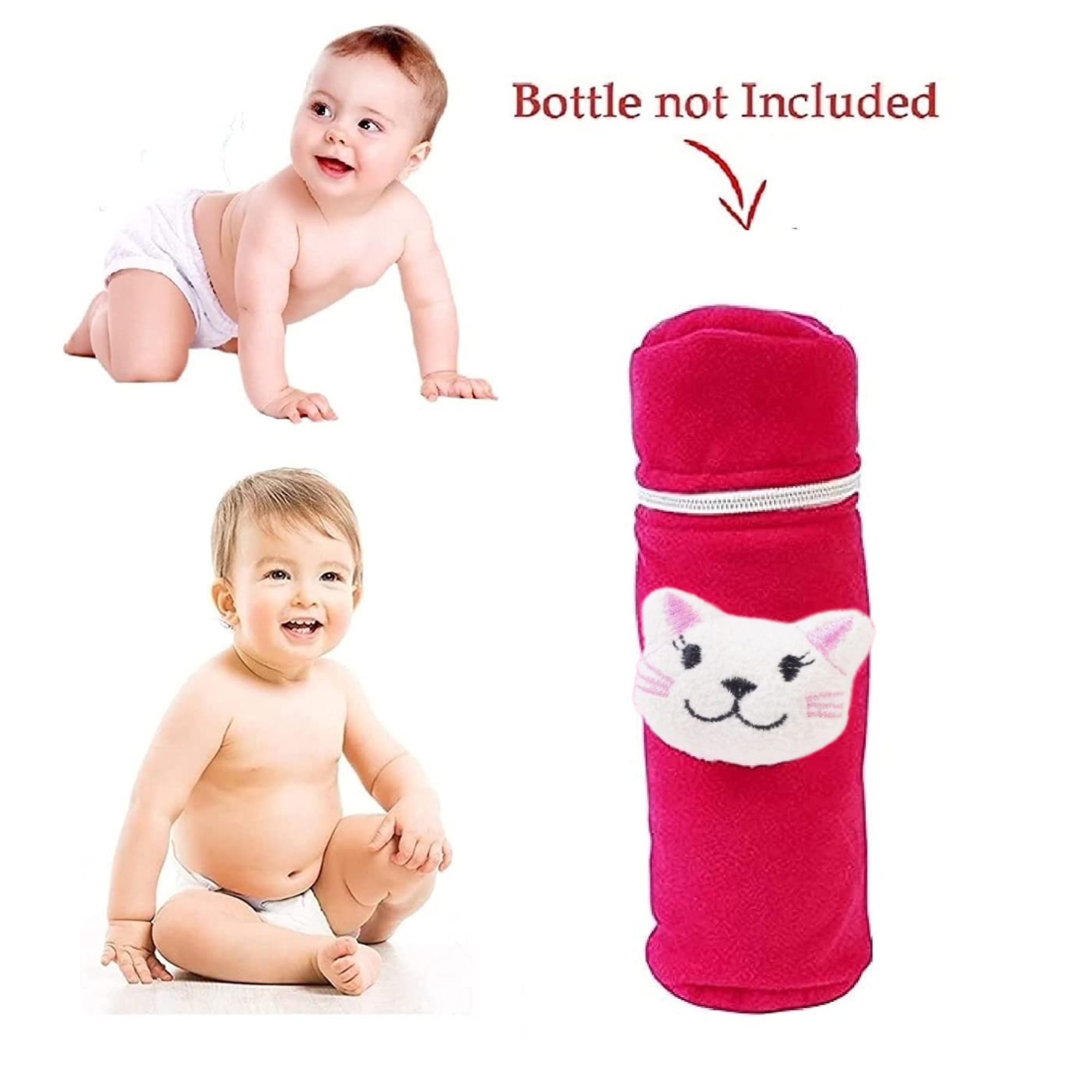 Soft Plush Stretchable Baby Feeding Bottle Cover with Cartoon Design, Strap and Zip (130–250 ml)