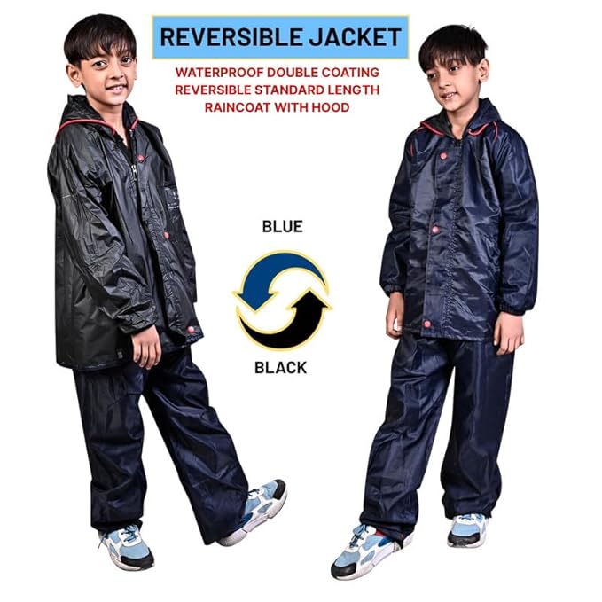 Kids Reversible Waterproof Raincoat for Boys and Girls with Hood Reflective Strip and Carry Pouch