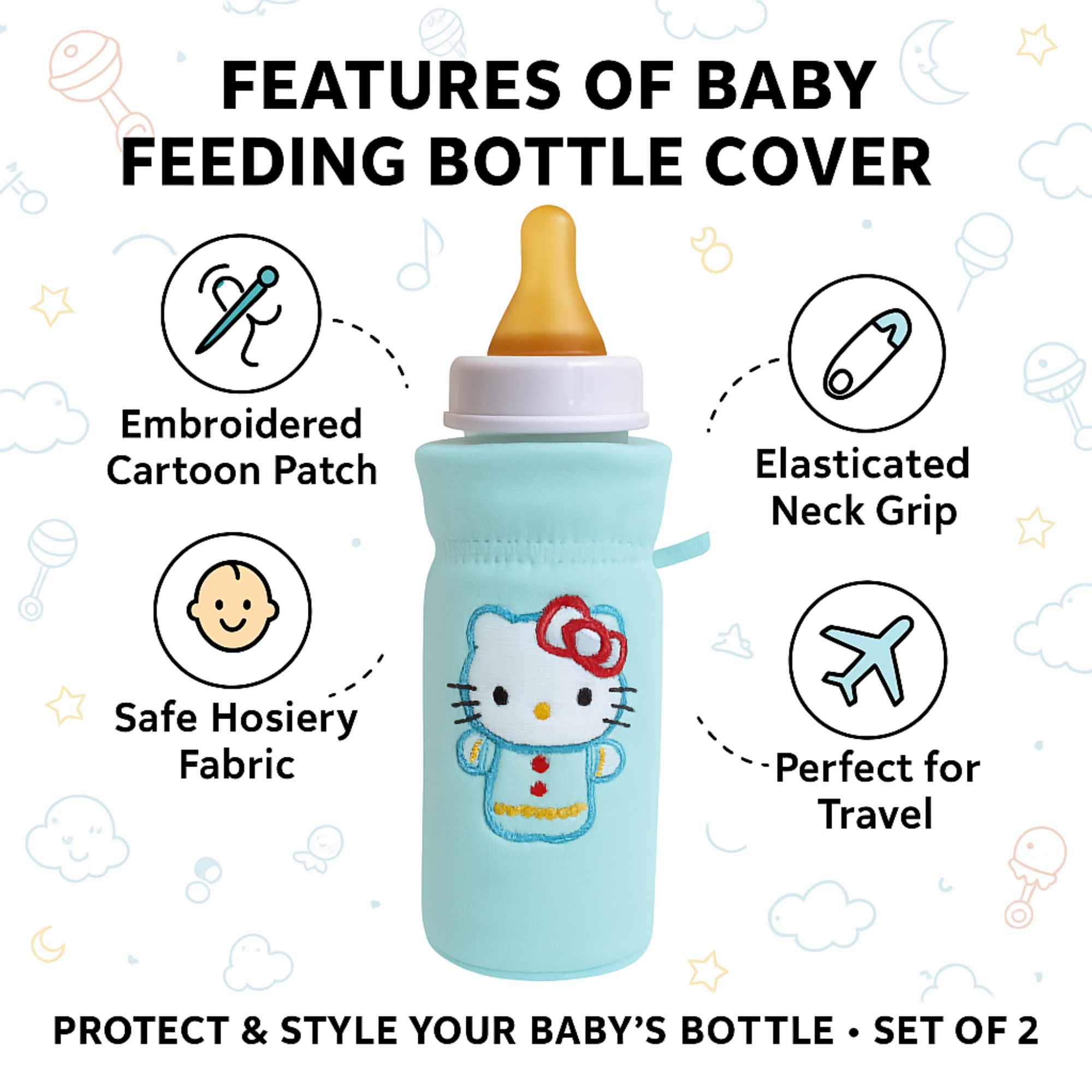 Stretchable Baby Feeding Bottle Cover with Easy Grip Strap and Anti-Slip Protection