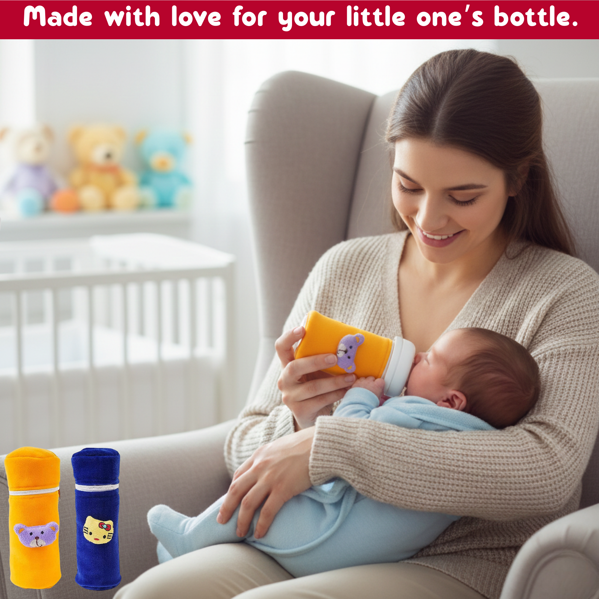 Stretch Fit Plush Baby Feeding Bottle Cover with Secure Zip Closure