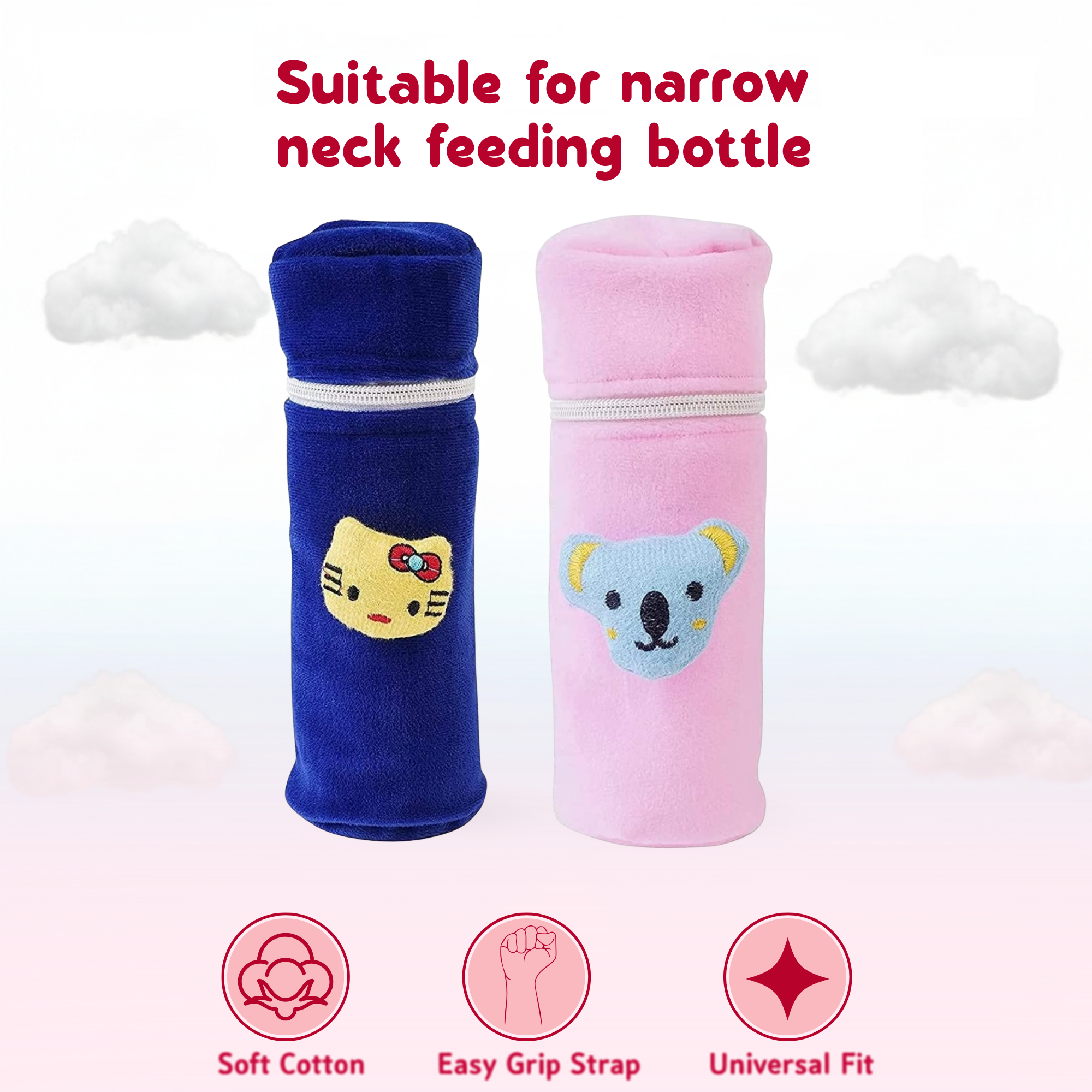 Stretch Fit Plush Baby Feeding Bottle Cover with Secure Zip Closure