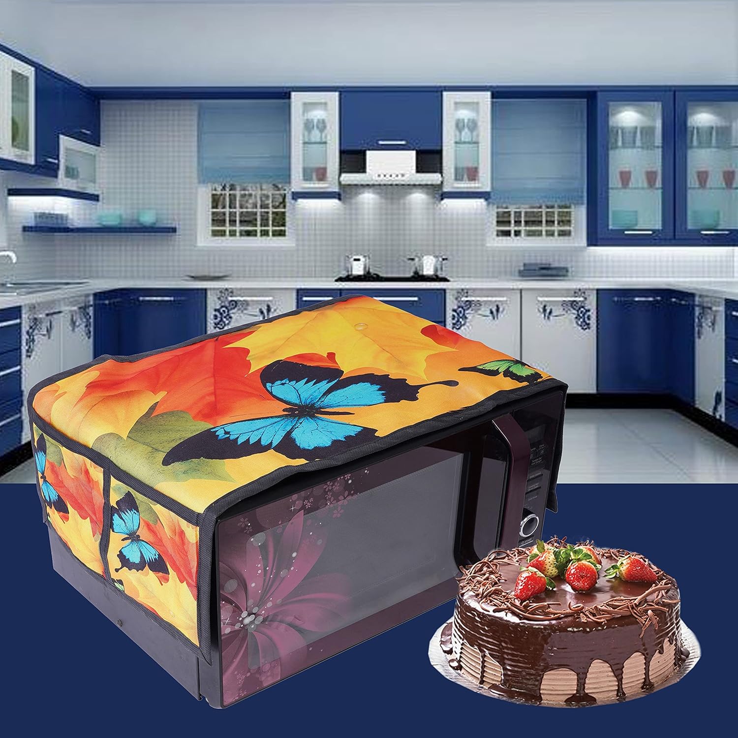 Kitchen Microwave Oven Protective Top Cover with 4 Utility Pockets (Digital Print, Dust Resistant)