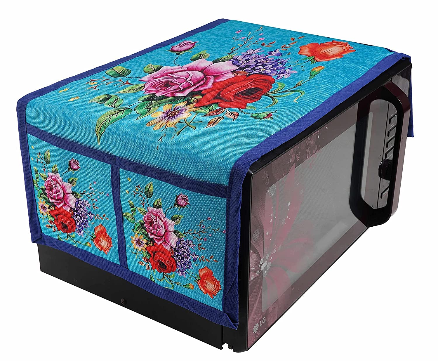 Jute Microwave Oven Top Cover Blue Rose Flower 